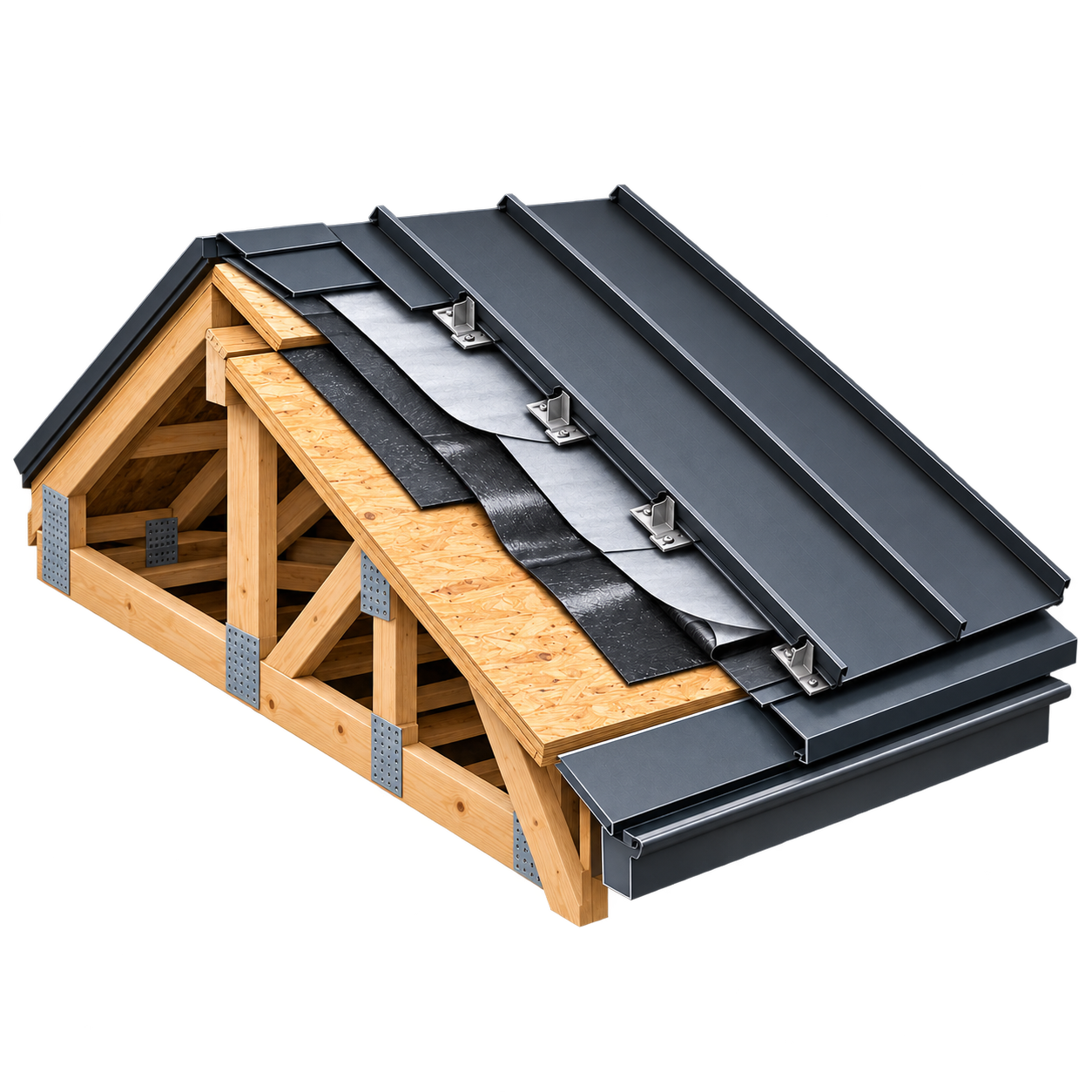 Metal is what we do best, and what we price best. cutaway showing every layer of the roof assembly