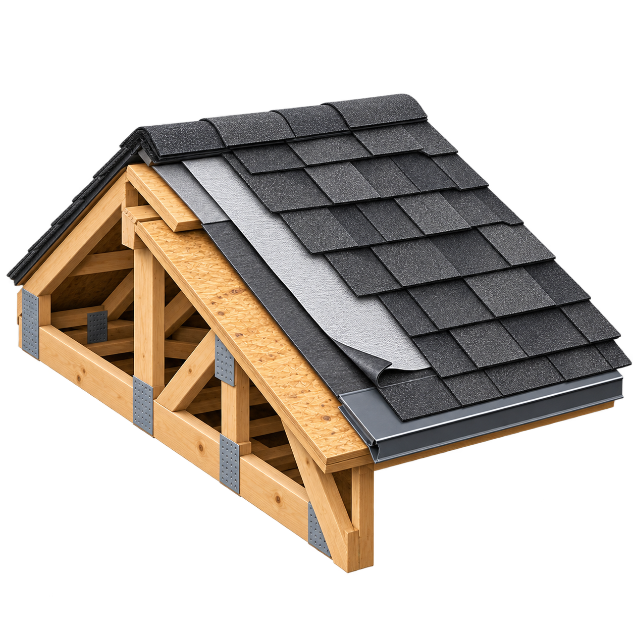 Shingles, installed so the warranty actually holds. cutaway showing every layer of the roof assembly
