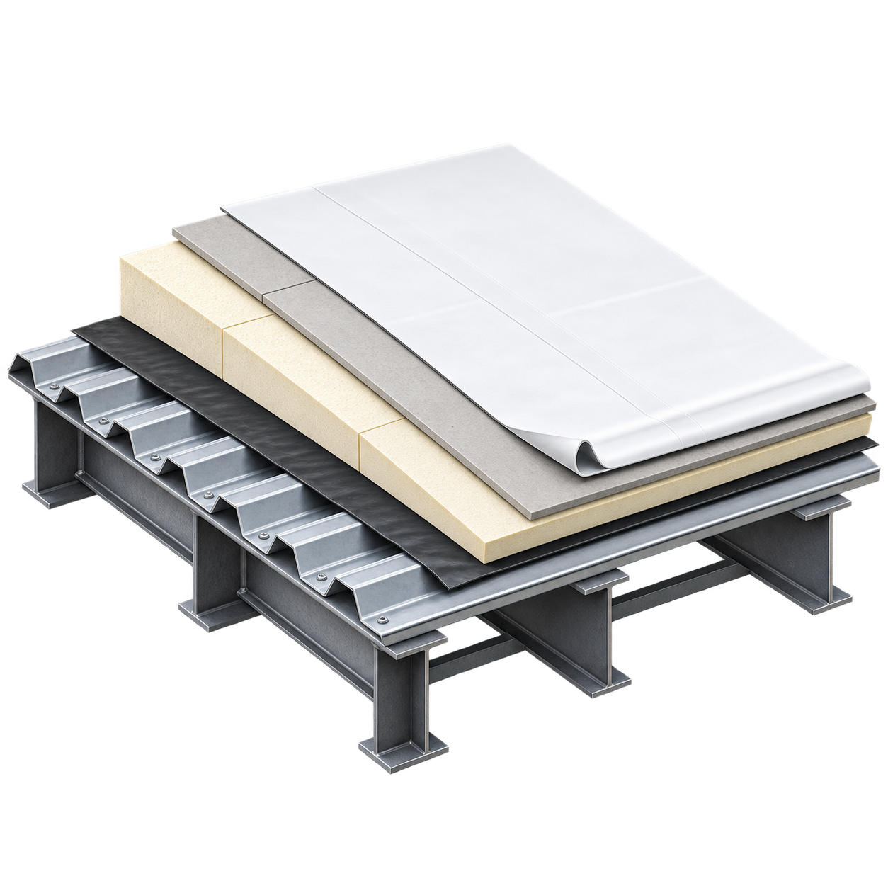 Flat roofs fail at the seams and the drains. cutaway showing every layer of the roof assembly