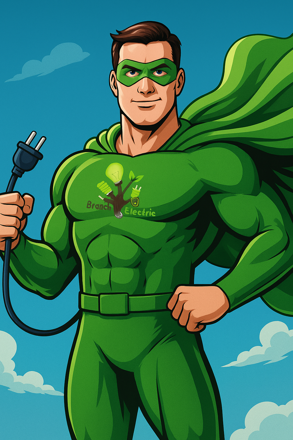 Superhero-themed electrician in green cape with Branch Electric logo, representing 24/7 emergency electrical services in Indianapolis and surrounding areas Branch Electric’s emergency response superhero symbolizes fast, reliable 24/7 electrical services in Indianapolis. Call now for urgent repairs and power restoration.