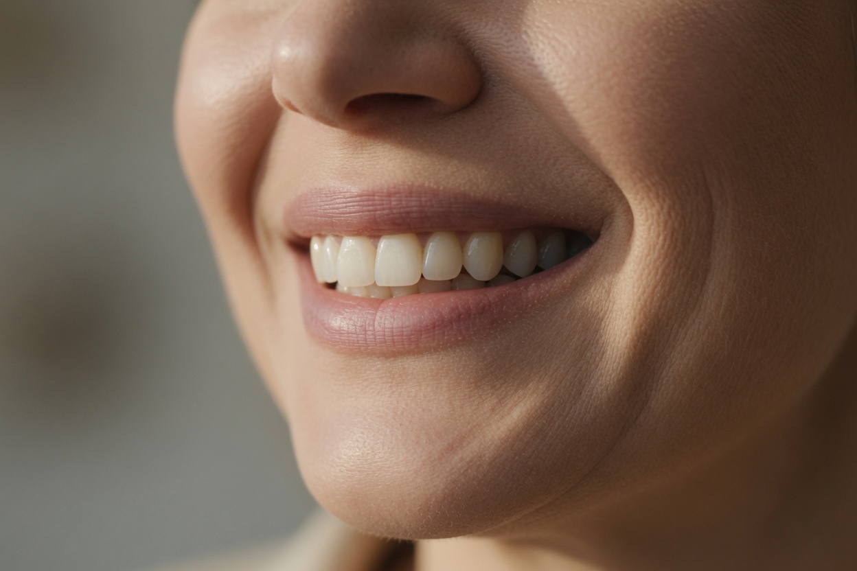 Before &mdash; natural smile with dull, slightly yellowed teeth prior to whitening