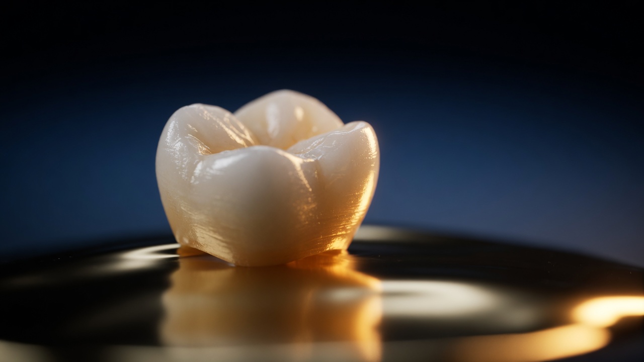 A single all-ceramic dental crown lit like a jewel on a reflective gold surface
