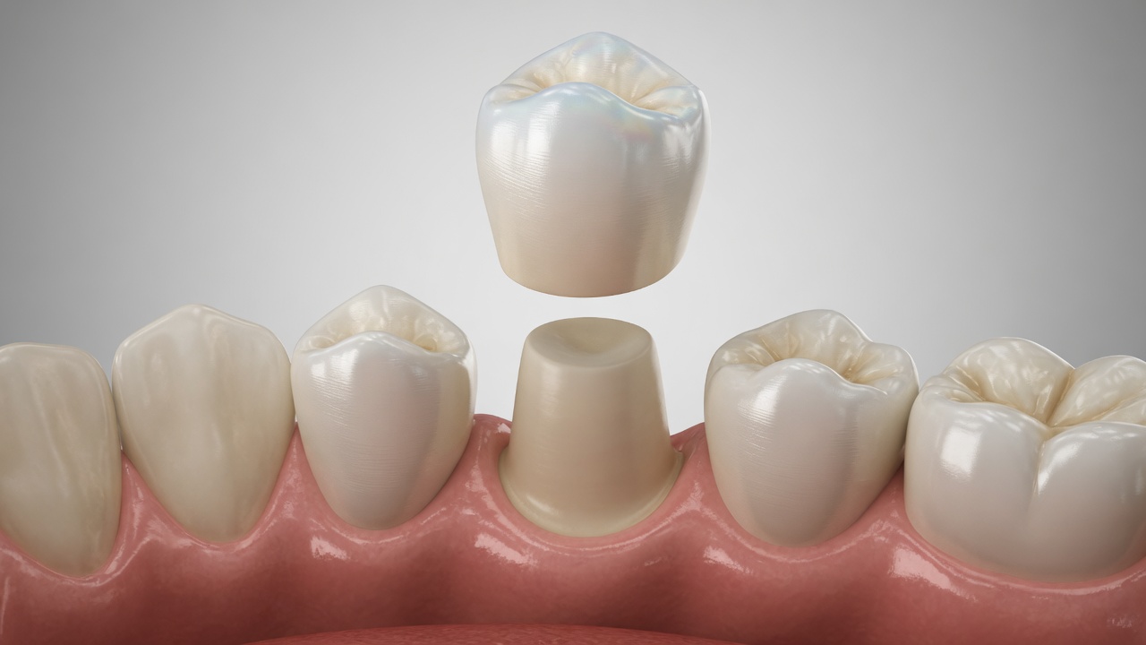 A new ceramic crown being placed to cap and seal a tooth after root canal treatment