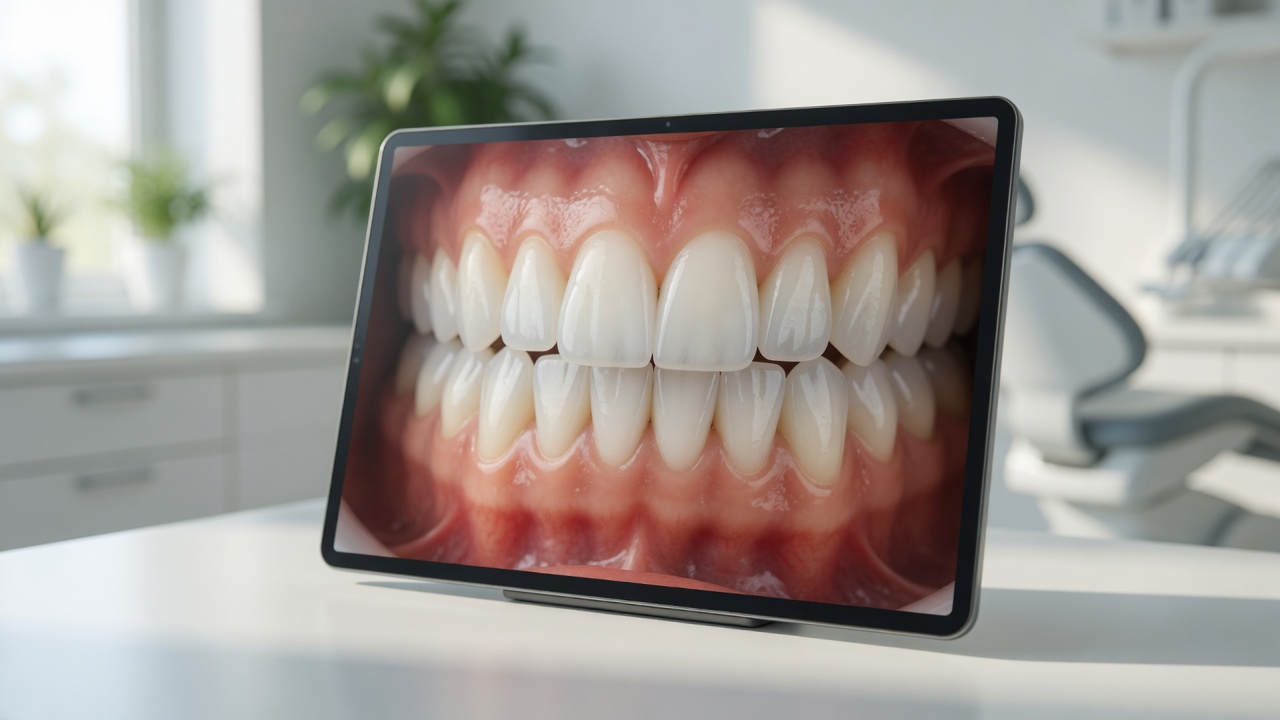 A digital smile-design preview displayed on screen, showing a patient's re-imagined smile before treatment begins