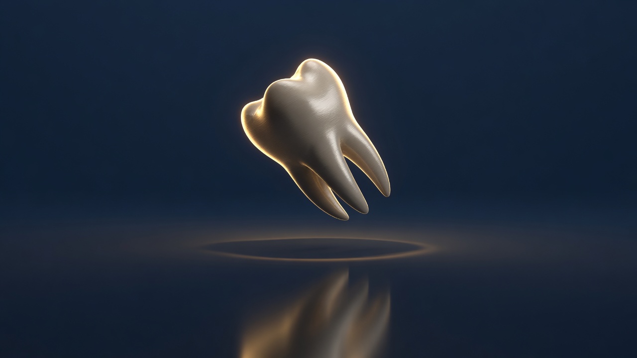 A detailed 3D medical illustration of a tooth extraction, showing a molar being gently lifted from its socket in the jawbone