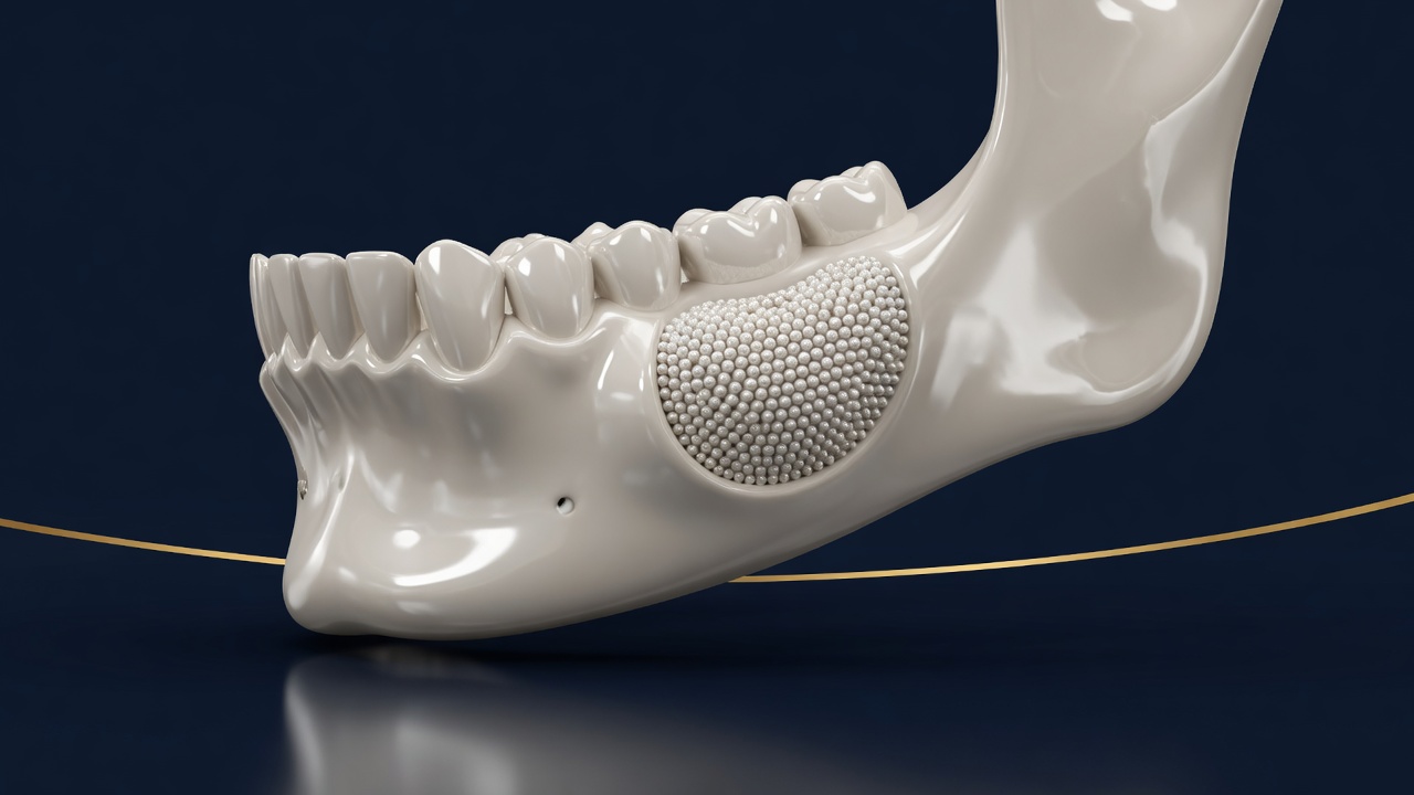 A clean 3D render of a jawbone bone graft rebuilding lost bone volume in the jaw