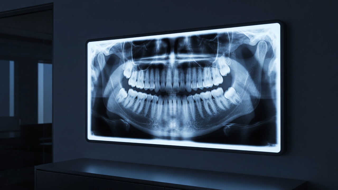 A 3D cross-section render showing an impacted wisdom tooth trapped beneath the gumline and angled against the neighboring molar