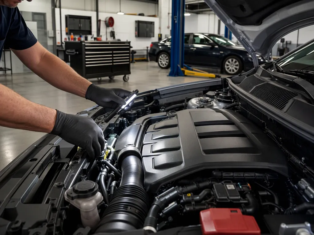 A technician inspecting an engine bay