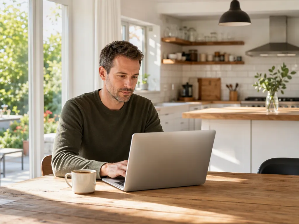 A person at a kitchen table working on a laptop