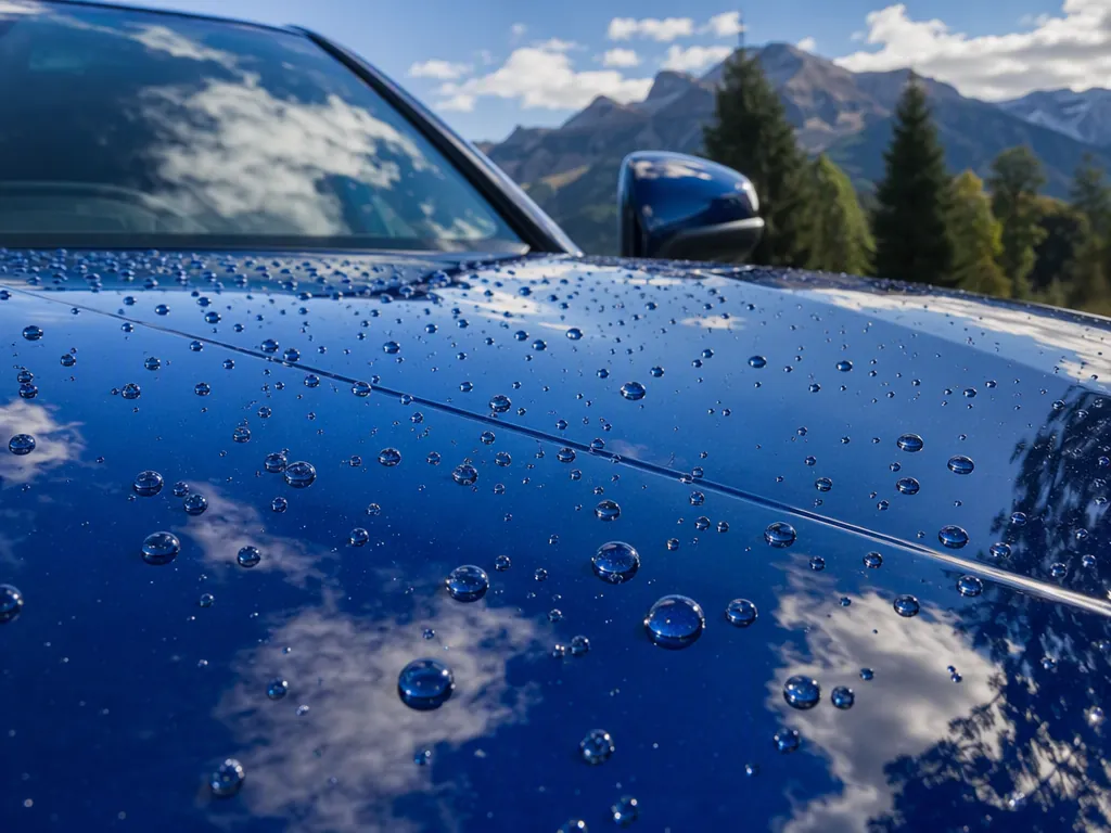 Water beading on ceramic-coated blue paint