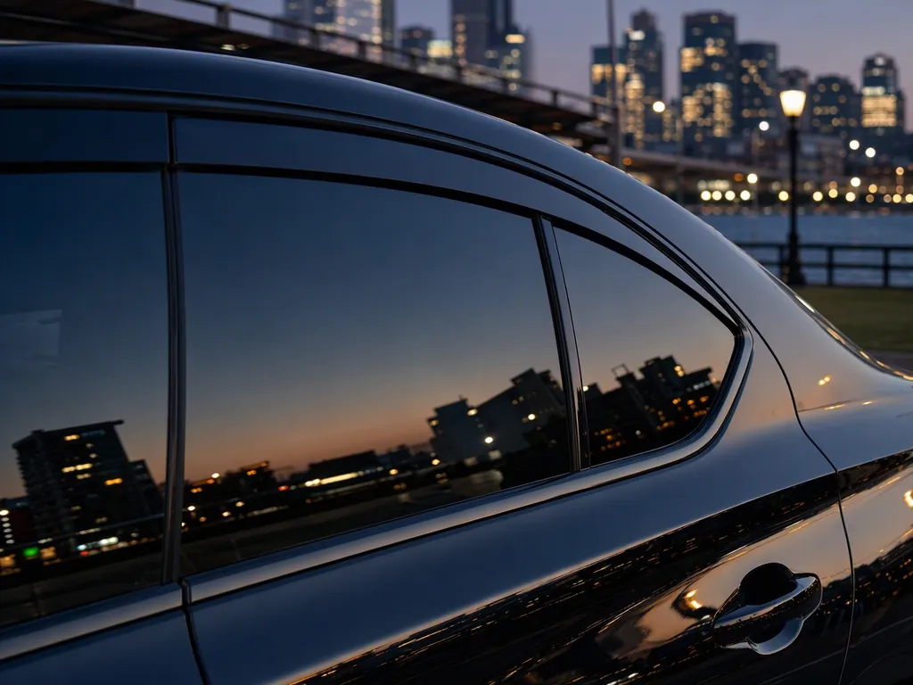 A tinted rear side window reflecting city lights