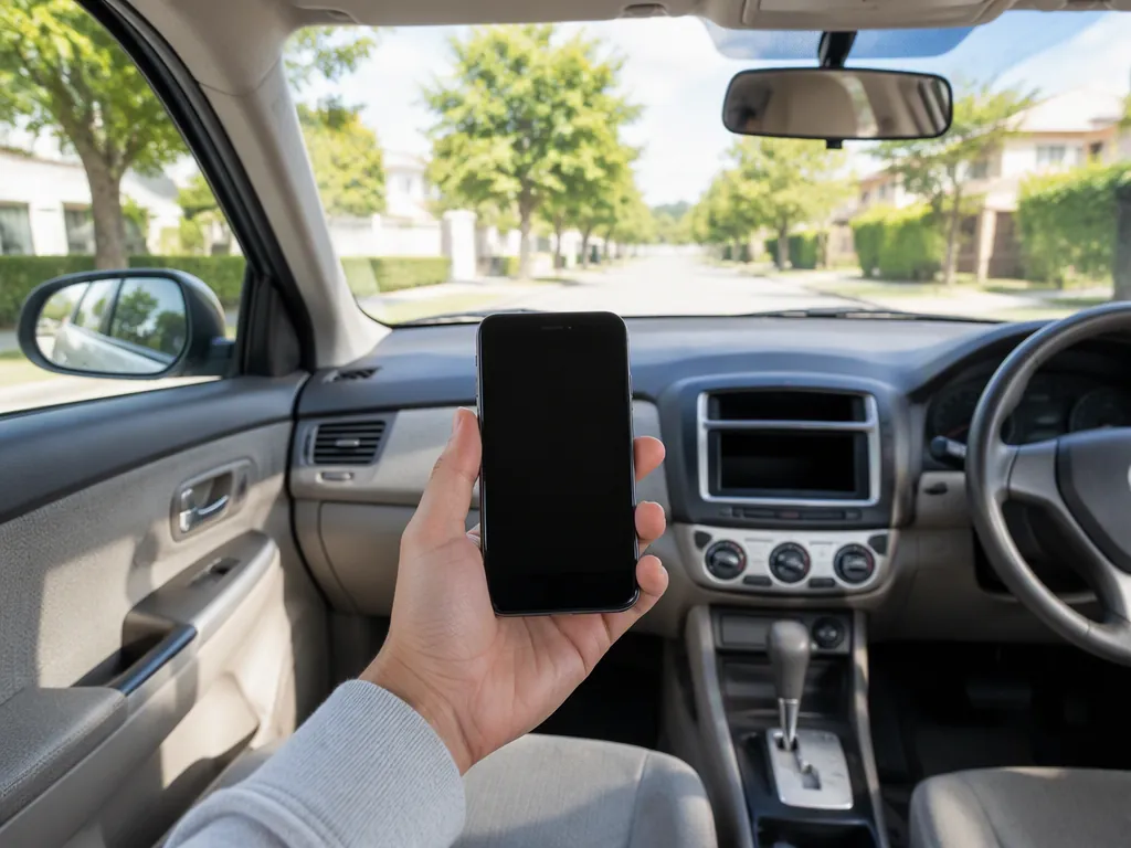 A passenger holding a phone inside a parked car in daylight