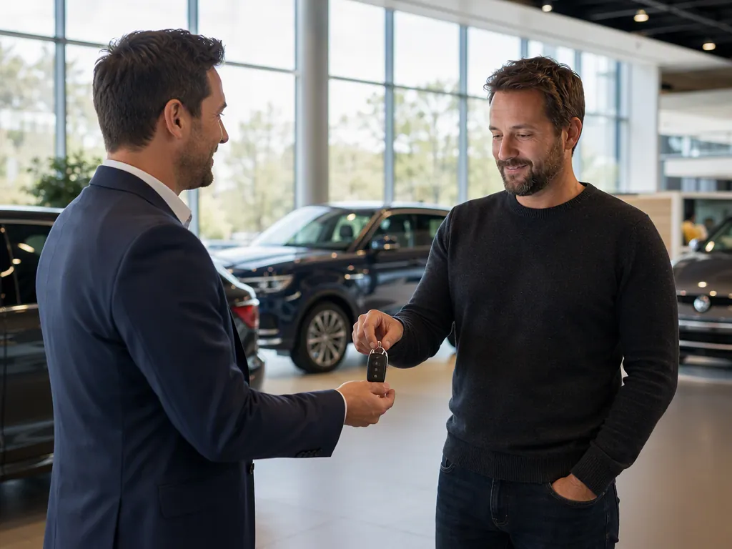 A dealership consultant handing car keys to a customer