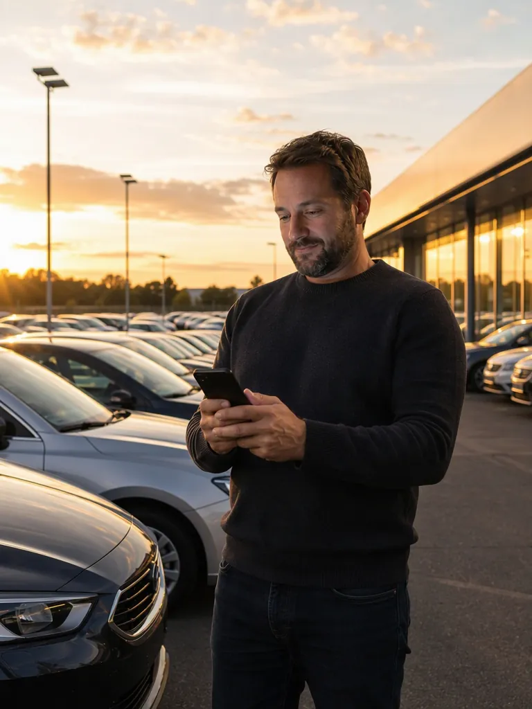 A buyer on a dealership lot at golden hour, checking his phone