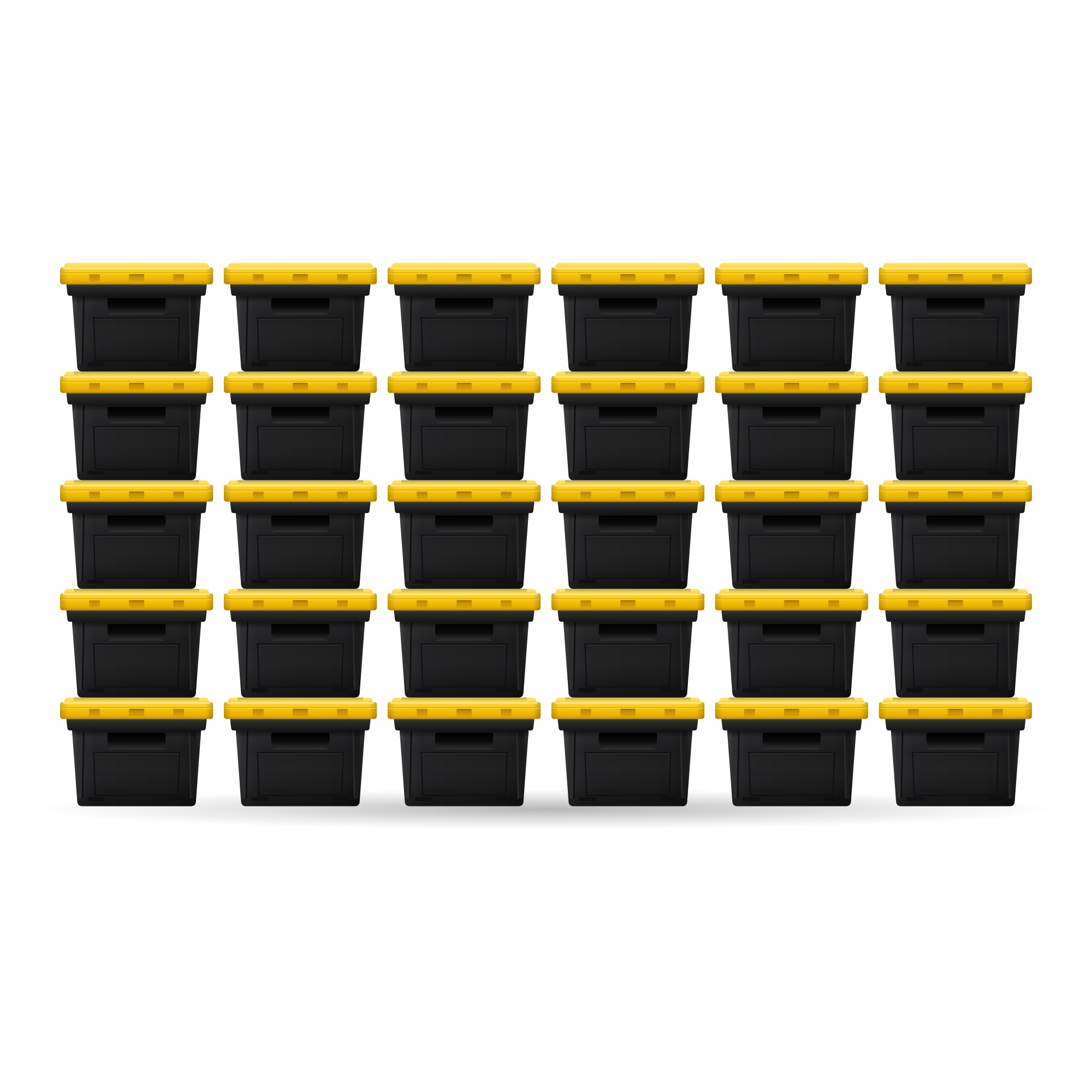 30 black moving bins with yellow lids stacked five high