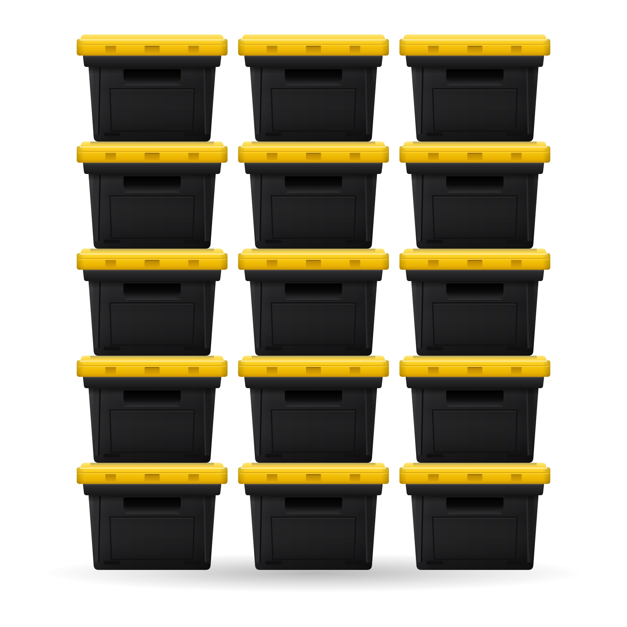 15 black moving bins with yellow lids