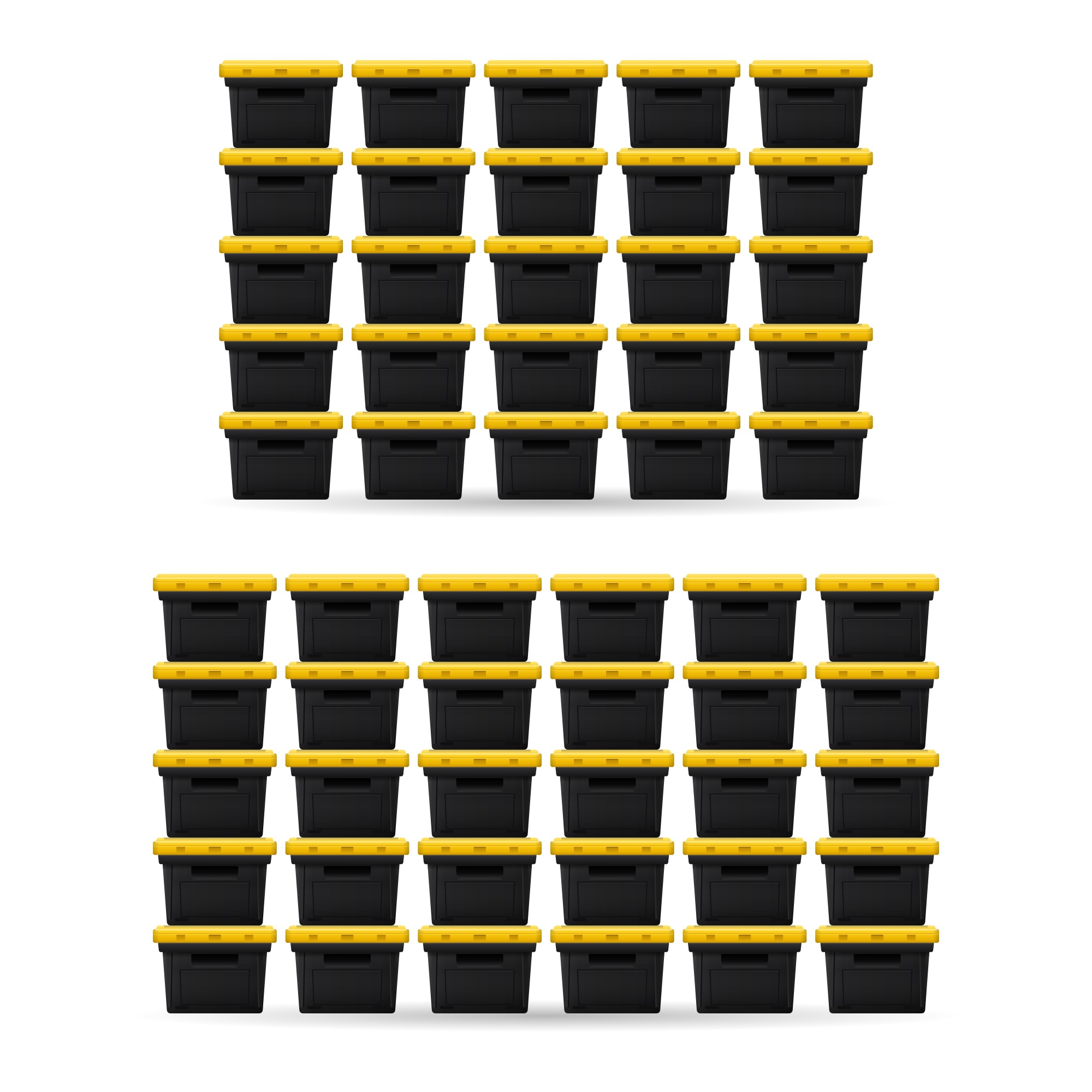 55 black moving bins with yellow lids