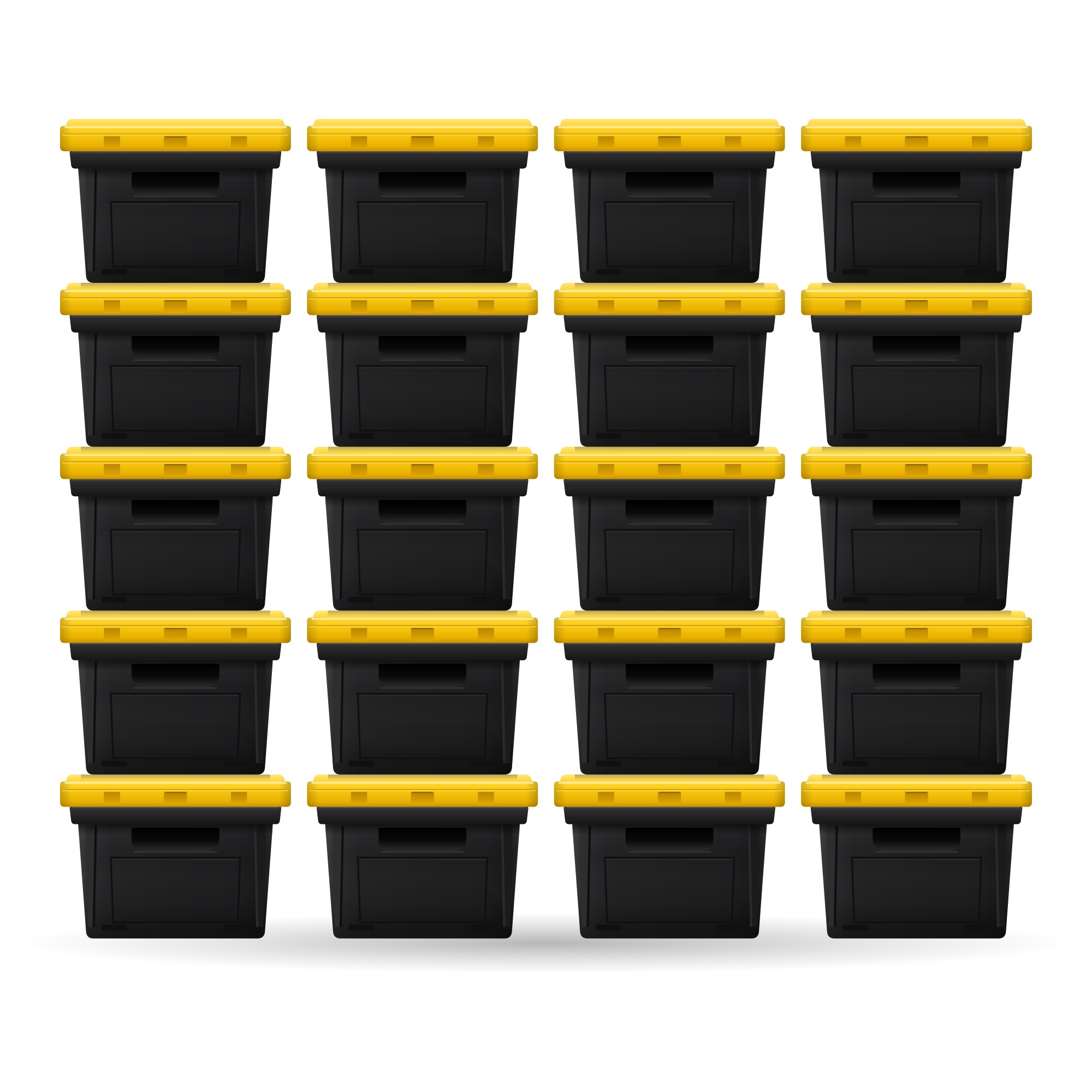 20 black moving bins with yellow lids