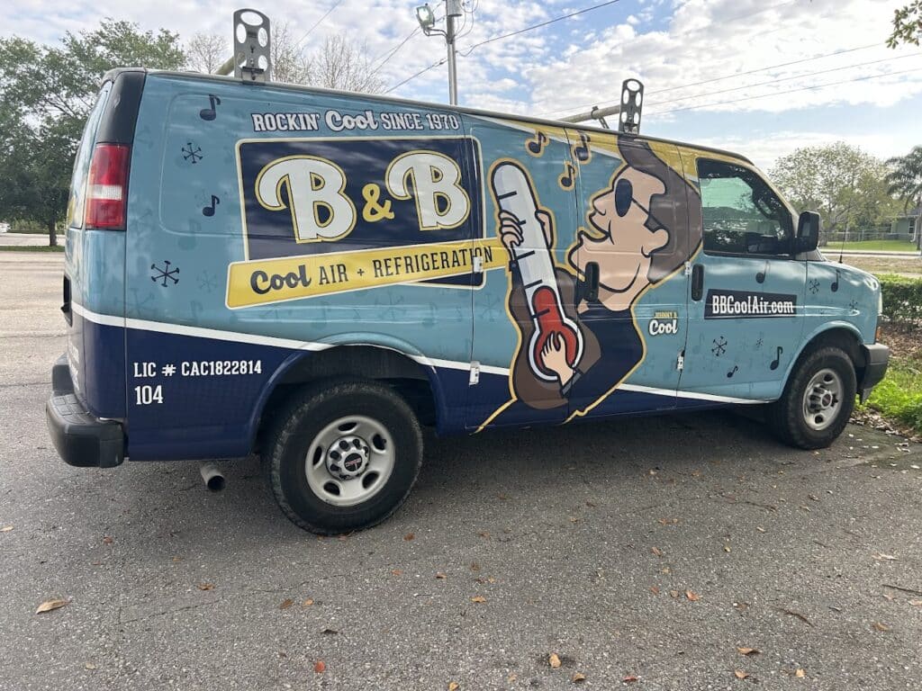 B&B Cool Air service van with company logo and contact information parked beside online AC repair booking form in Lehigh Acres, Florida