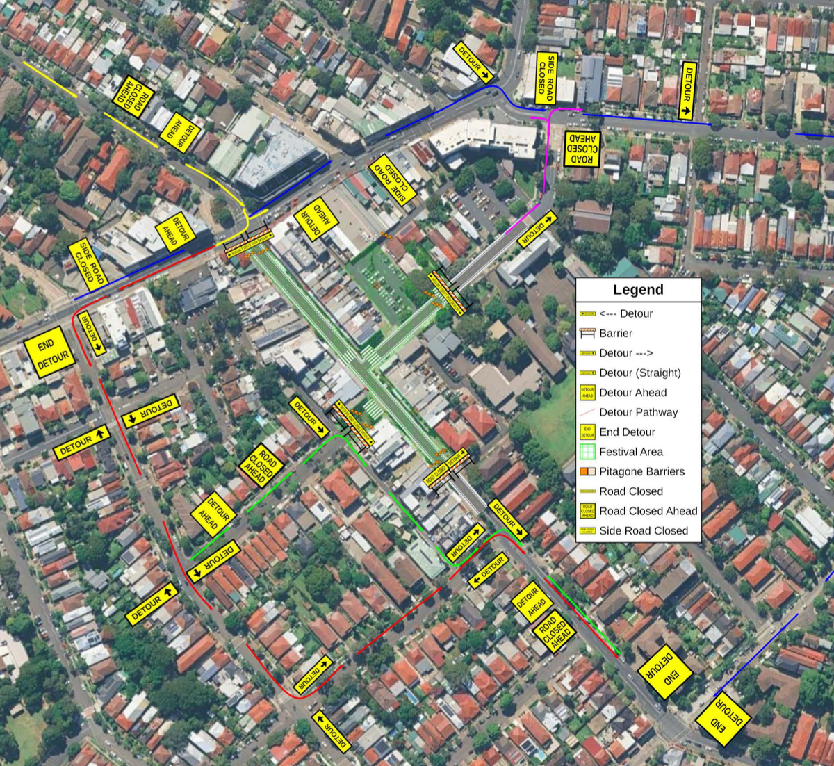Aerial detour plan for a Sydney street festival