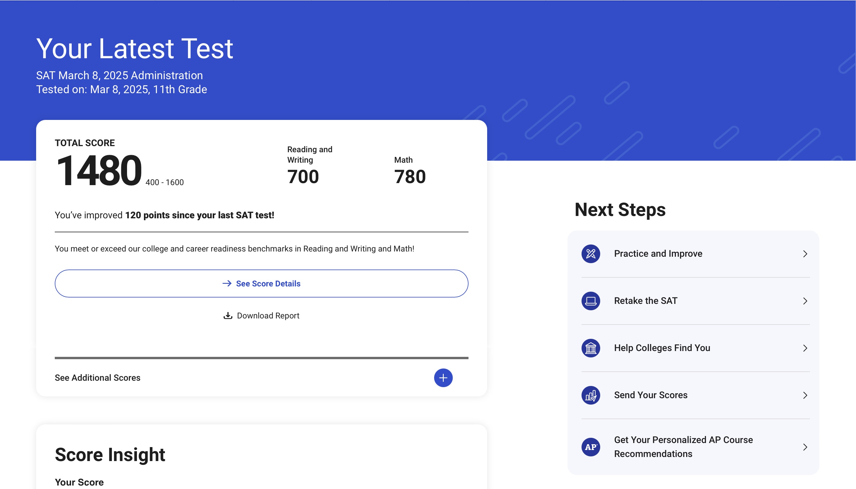 Real SAT score report — Infinite Academics student