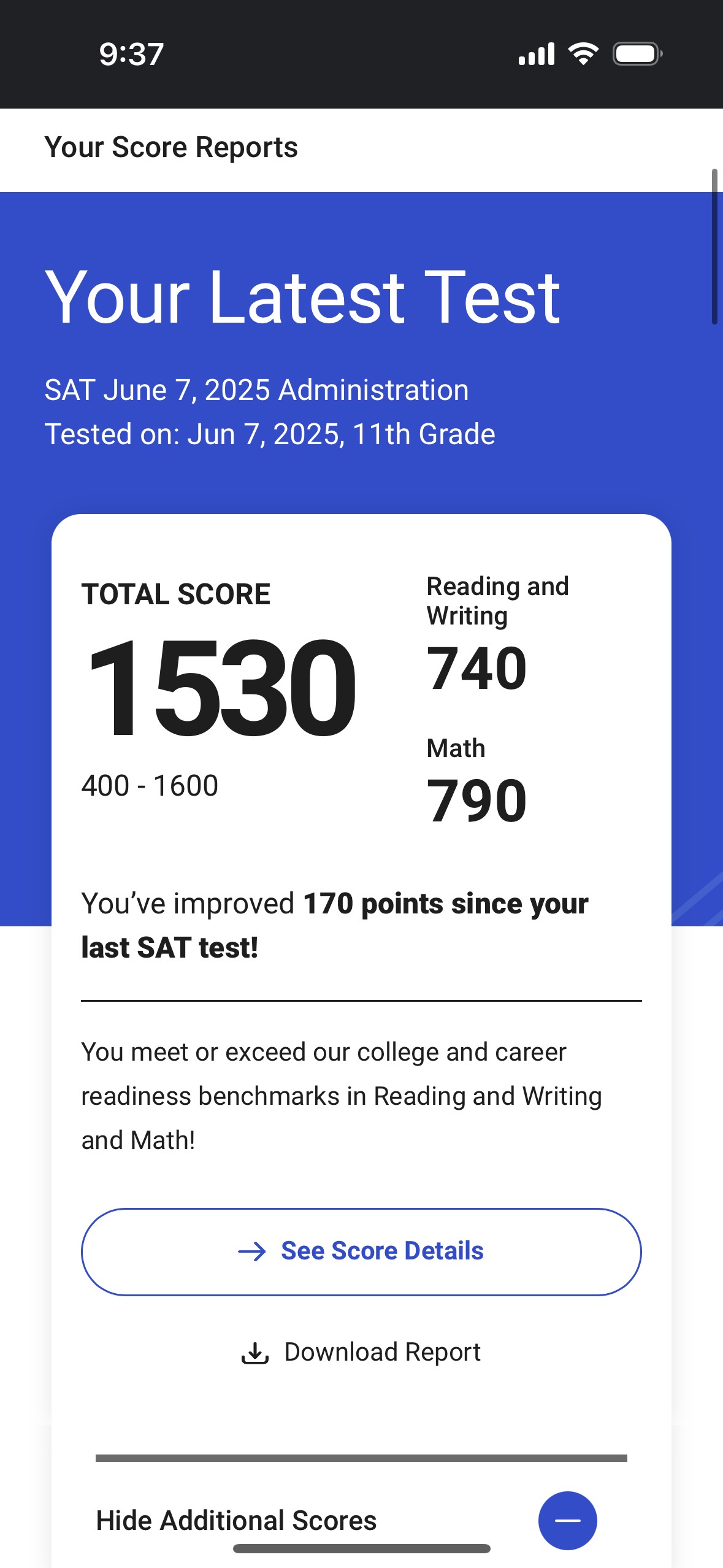 Real SAT score report — Infinite Academics student