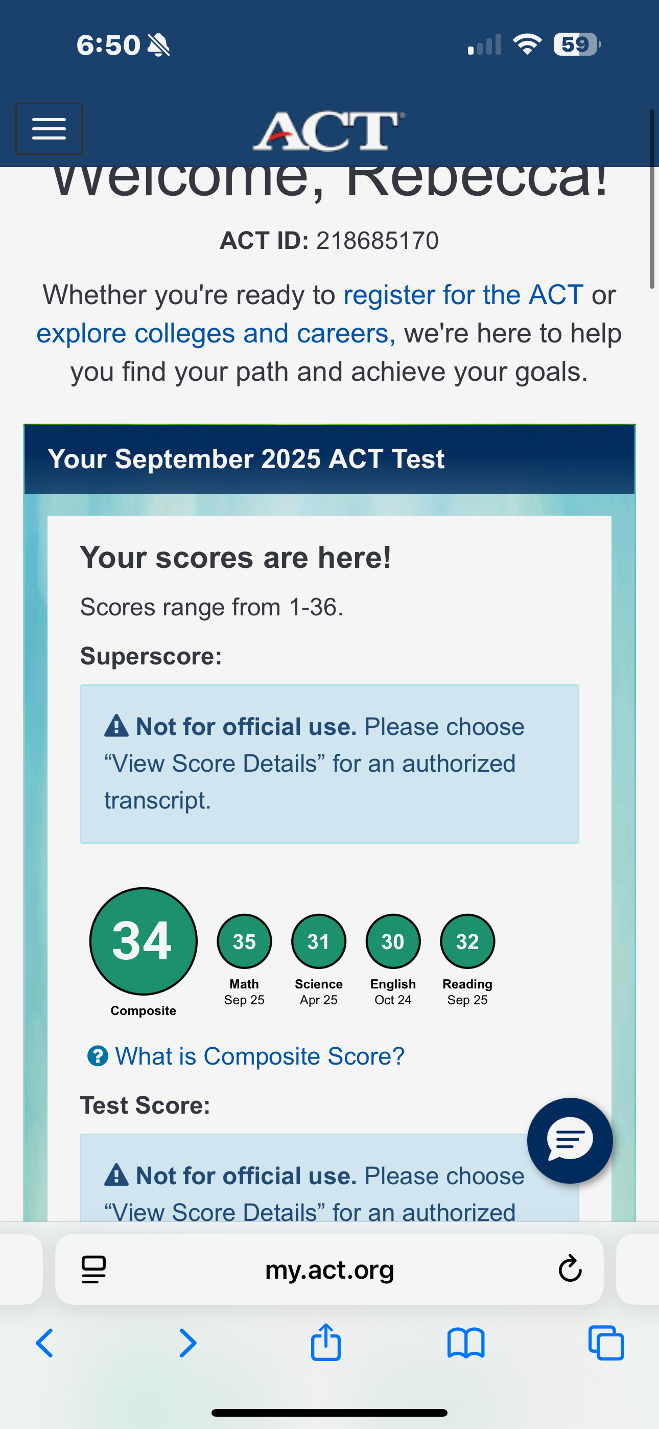 Rebecca B. — ACT score report, 26 to 34