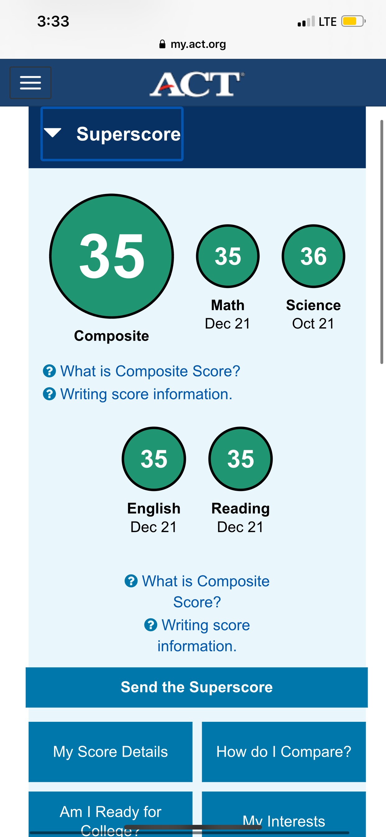 Lance V. — ACT score report, 25 to 34
