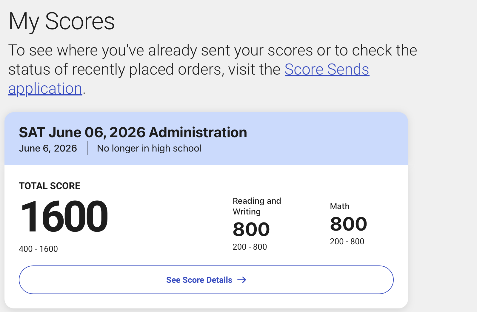 Official College Board SAT score report showing Wyatt D. scored a perfect 1600