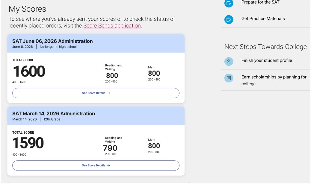 Official College Board SAT score report showing Jonathan M. scored a perfect 1600