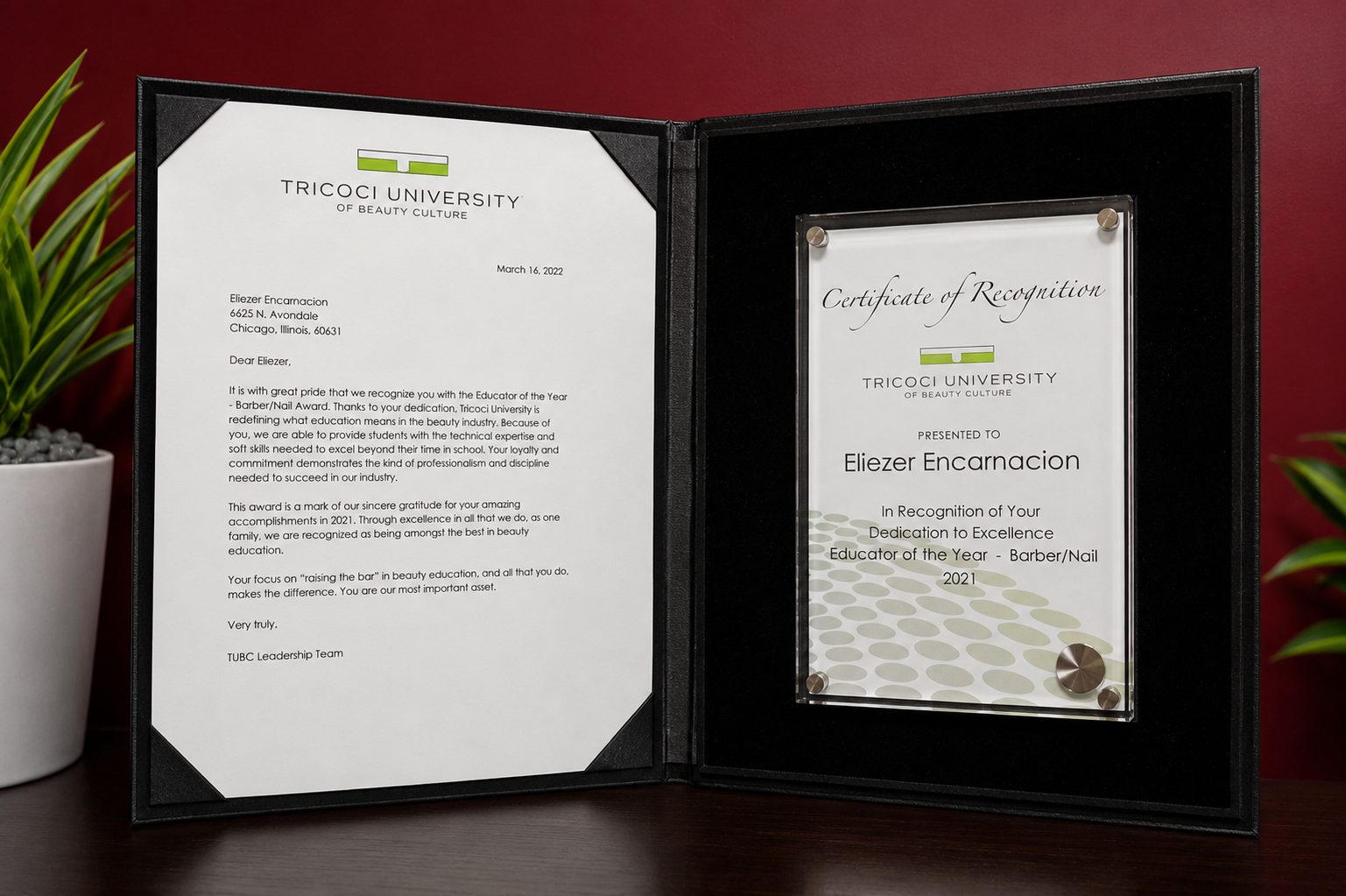 Educator of the Year certificate