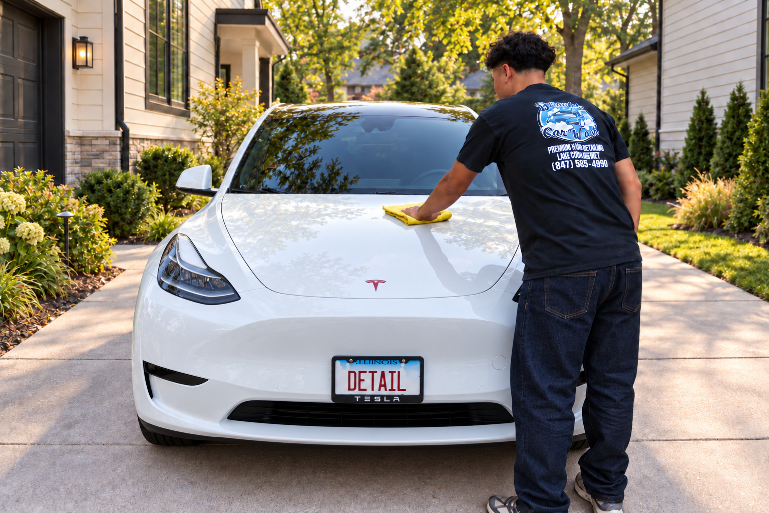 Catracho Auto Detailing hand wiping the hood of a white Tesla in Zion, IL