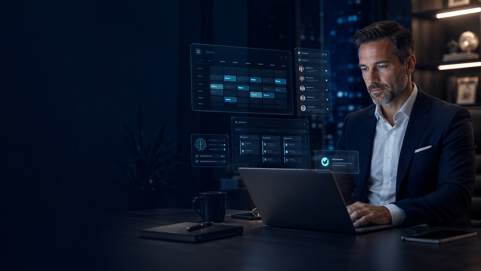 A business consultant working confidently at his desk at night, with translucent AI dashboard panels floating beside his laptop