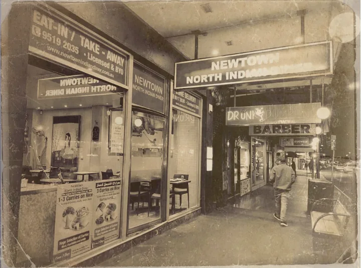 Sepia photo of the Newtown North Indian Diner shopfront, 196 King Street, before the 2023 Naan Sense rebrand