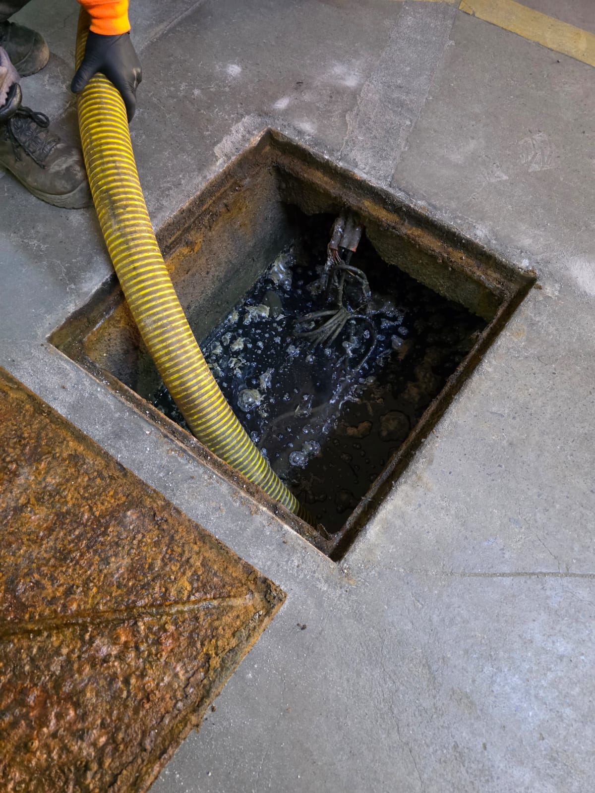 Manguera de succión dentro de la cámara de la fosa