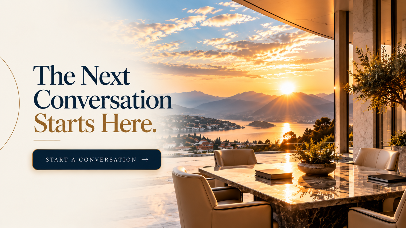 Meeting table on a terrace at sunset with mountains