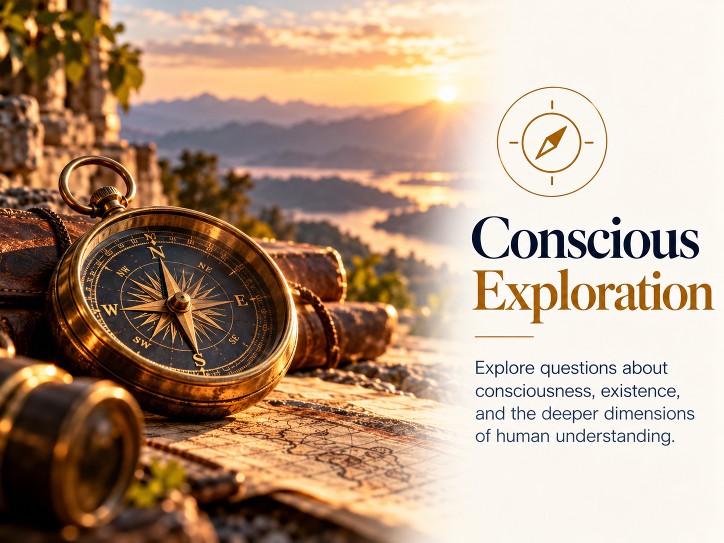 Antique compass before a mountain horizon