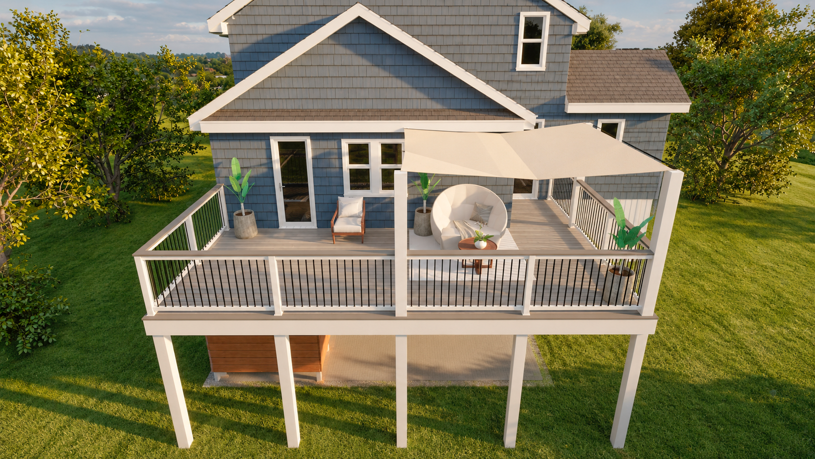Custom deck design — front view with shade sail and railing