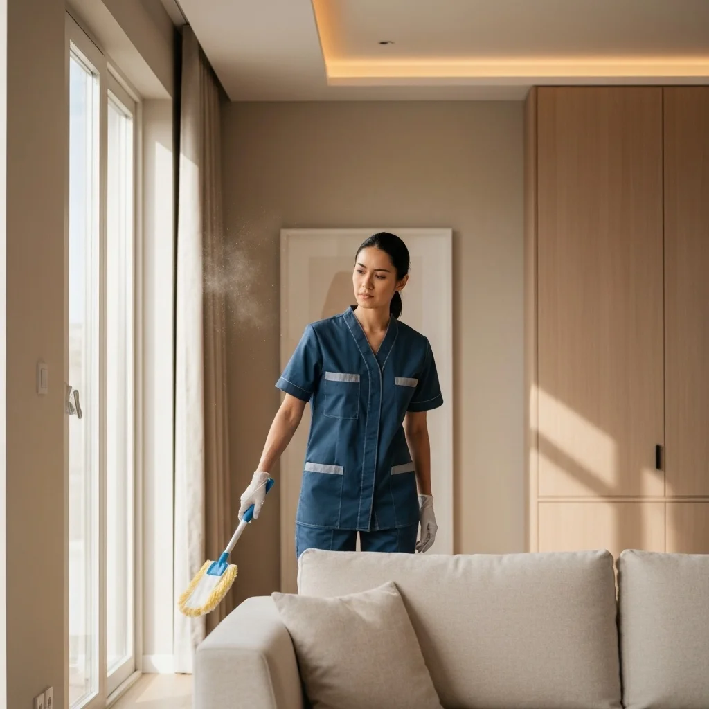Cleaning professional dusting near a sofa in a bright living room