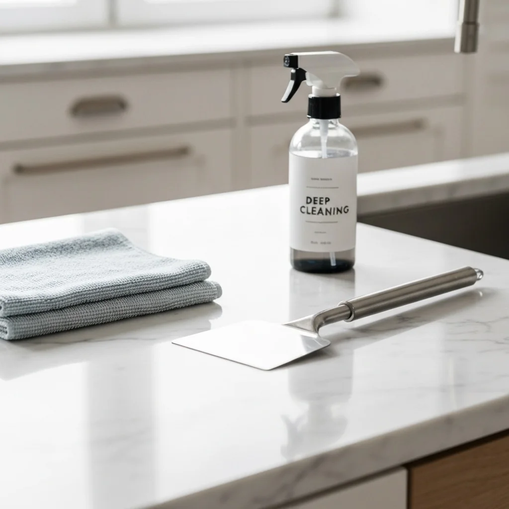 Spray bottle, microfiber cloth, and scraper on a marble countertop