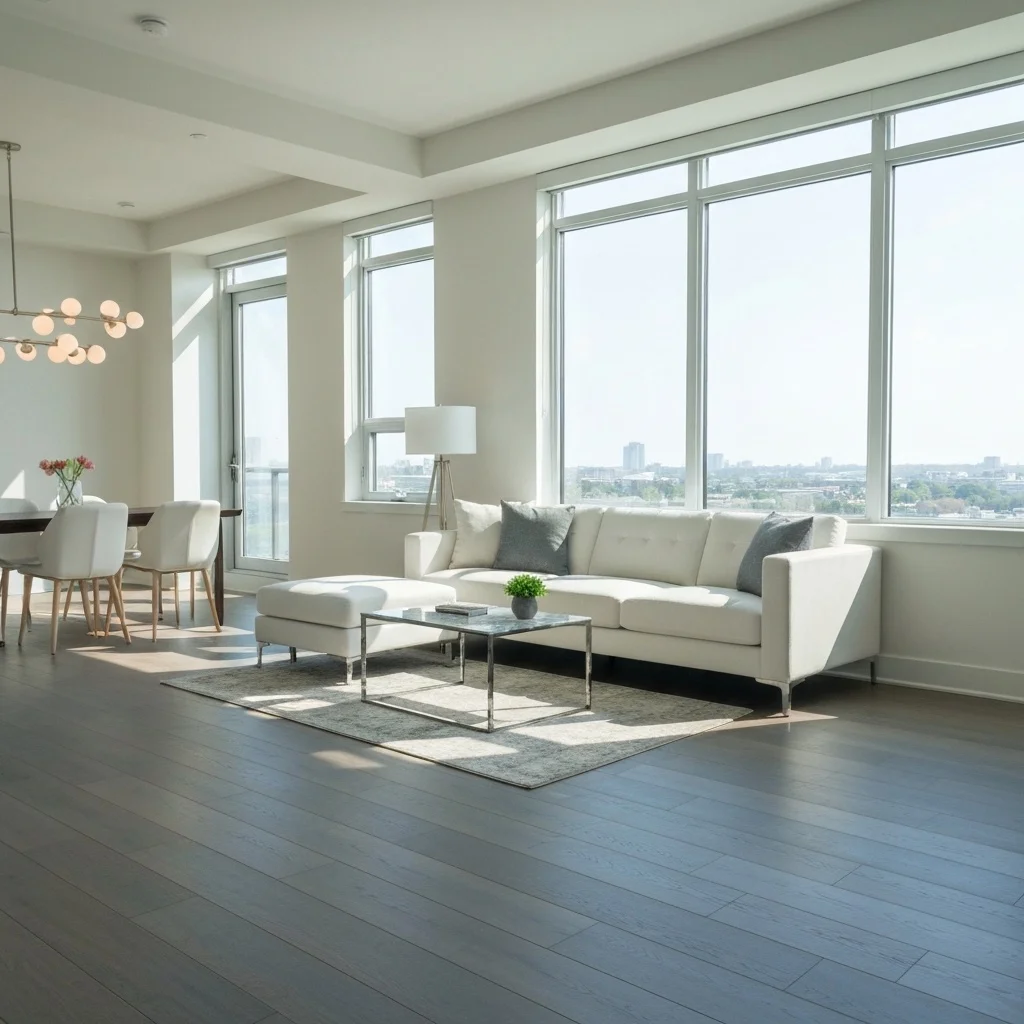 Bright living room with large windows, white sofa, and dining area