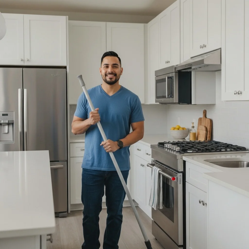 Smiling man holding a mop in a bright white kitchen