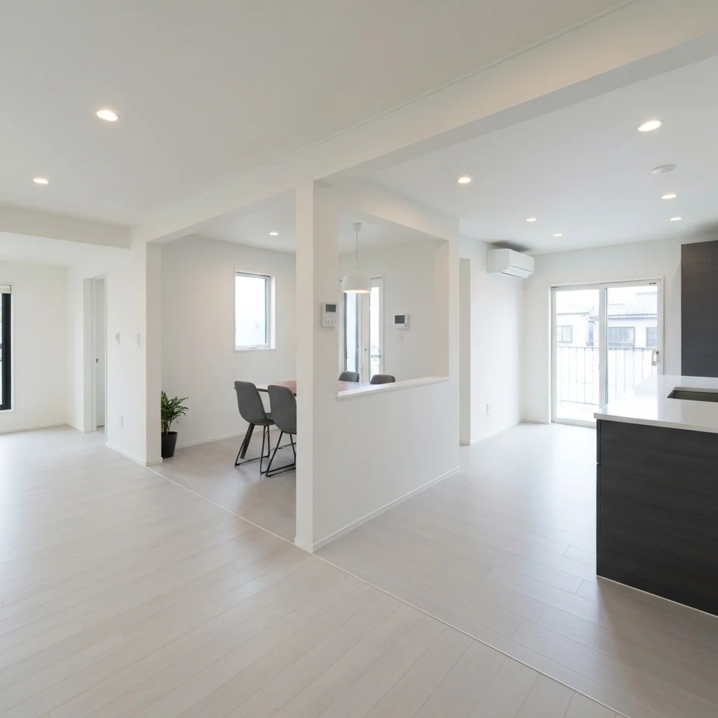 Bright open-plan interior with dining area, kitchen, and large windows