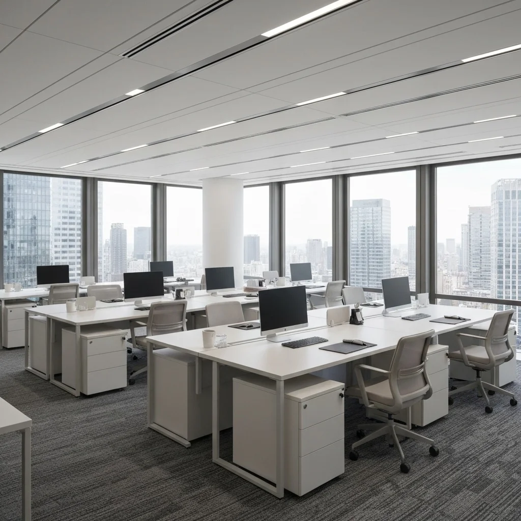 Modern office with workstations, computers, and large city-view windows