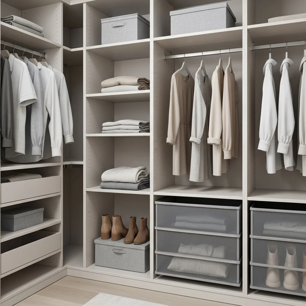 Organized walk-in closet with hanging clothes, shelves, and storage bins