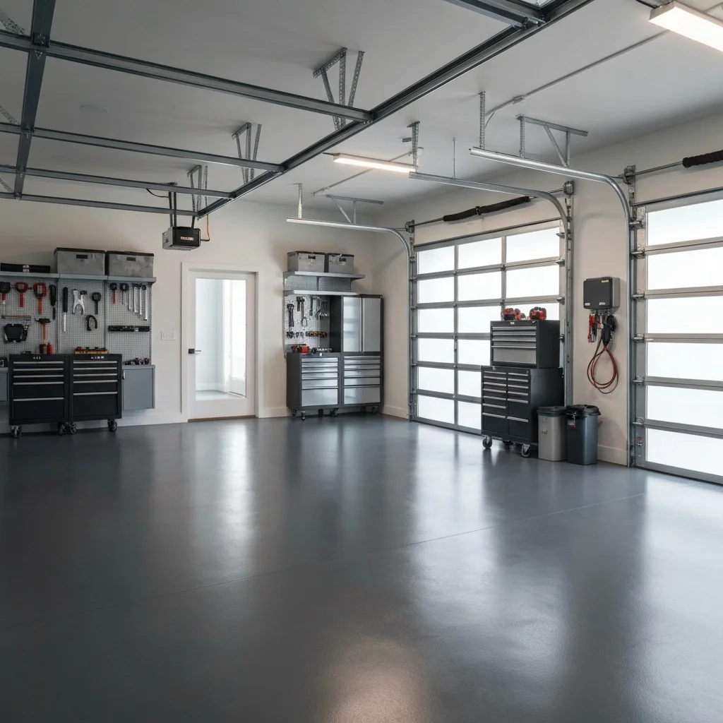 Clean organized garage with tool cabinets, storage, and polished floor