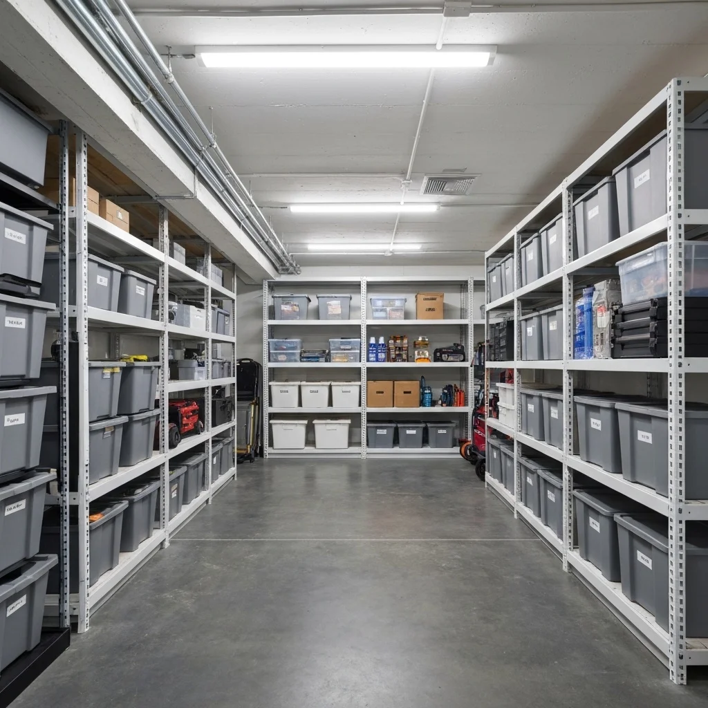 Storage room with organized shelves, labeled bins, and wide aisle