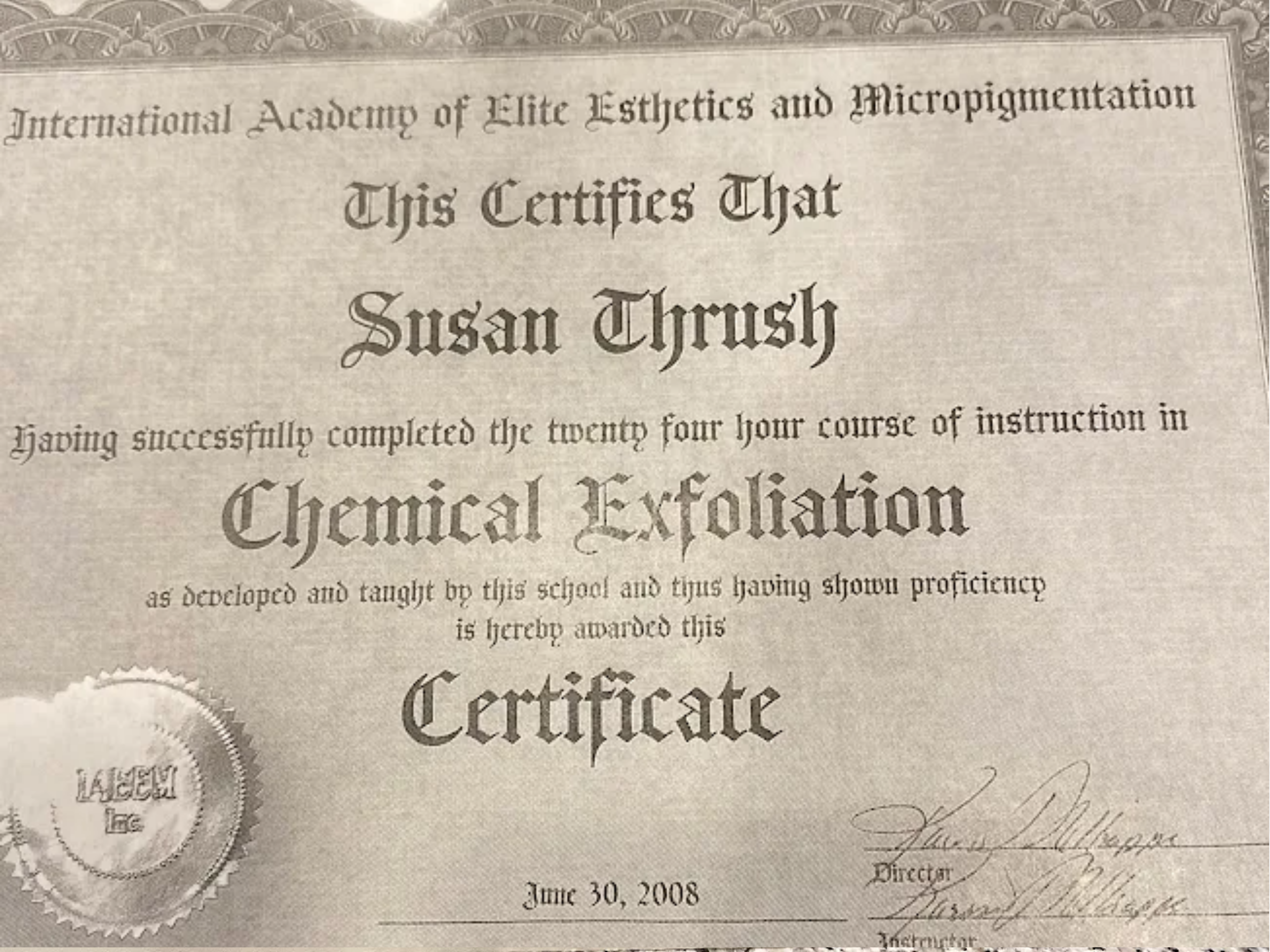 Chemical Exfoliation Certificate
