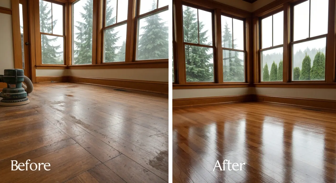 Hardwood floor refinishing before and after in Snohomish