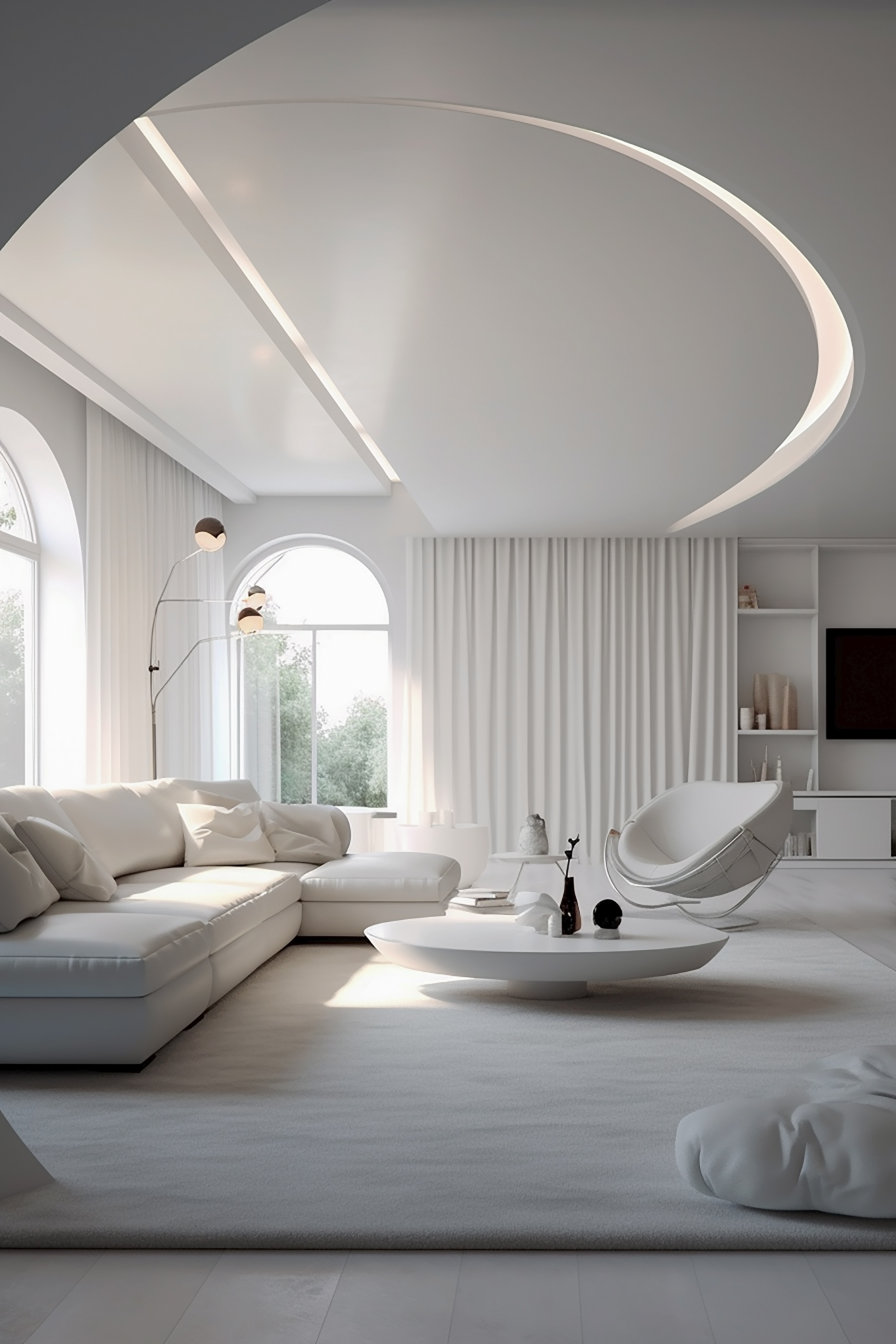 Salon blanc lumineux à aire ouverte